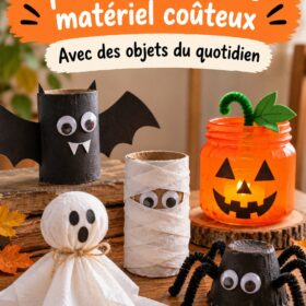 Bricolages Halloween colorés réalisés par des enfants avec du matériel récupéré.