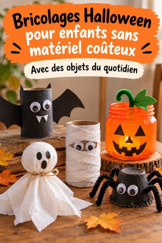 Bricolages Halloween colorés réalisés par des enfants avec du matériel récupéré.
