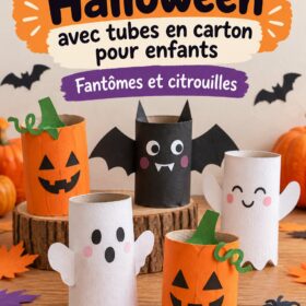 Bricolages Halloween avec tubes en carton décoratifs pour enfants, incluant un fantôme et une citrouille.