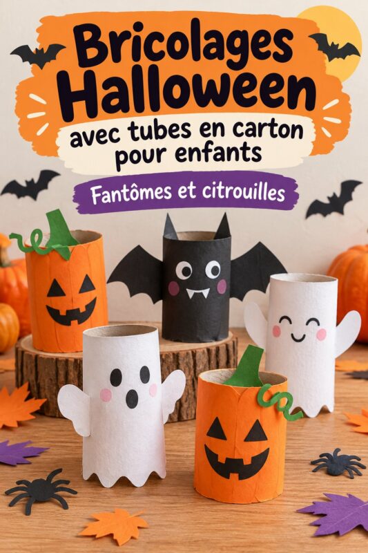Bricolages Halloween avec tubes en carton décoratifs pour enfants, incluant un fantôme et une citrouille.