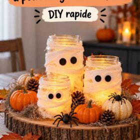 Un centre de table Halloween coloré et accueillant avec des éléments décoratifs simples et abordables.