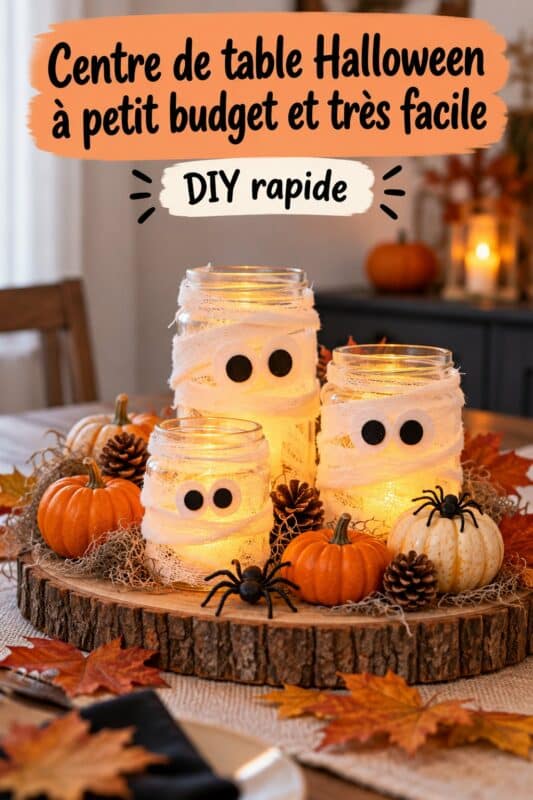 Un centre de table Halloween coloré et accueillant avec des éléments décoratifs simples et abordables.