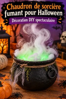 Chaudron de sorcière fumant décoré pour Halloween, créant une ambiance mystérieuse.