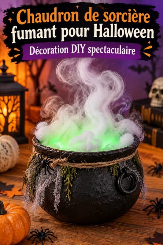 Chaudron de sorcière fumant décoré pour Halloween, créant une ambiance mystérieuse.