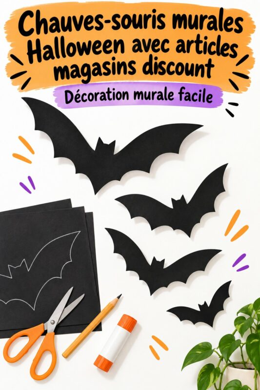 Chauves-souris murales faites maison pour Halloween décorées avec des articles discount.