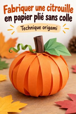 Une citrouille en papier plié, sans colle, décorée pour Halloween.