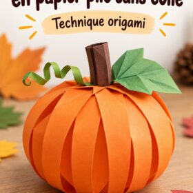 Une citrouille en papier plié, sans colle, décorée pour Halloween.