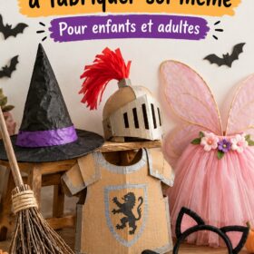 Un enfant souriant portant un costume d'Halloween fait maison, entouré d'accessoires colorés.