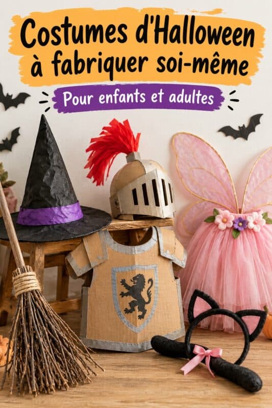 Un enfant souriant portant un costume d'Halloween fait maison, entouré d'accessoires colorés.