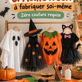 Un groupe d'enfants portant des costumes d'Halloween faits maison en jouant dehors.