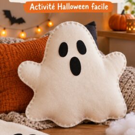 Coussin fantôme DIY décoré pour Halloween, fait maison en famille