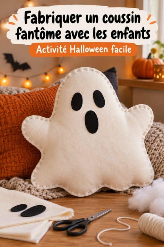 Coussin fantôme DIY décoré pour Halloween, fait maison en famille