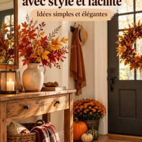 Entrée décorée avec des citrouilles et des feuilles d'automne, créant une ambiance accueillante.