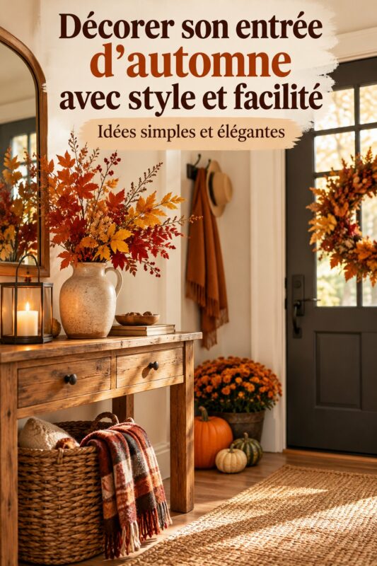 Entrée décorée avec des citrouilles et des feuilles d'automne, créant une ambiance accueillante.