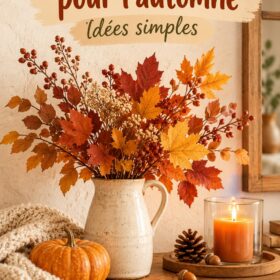 Un intérieur chaleureux décoré pour l'automne avec des couleurs chaudes et des éléments naturels.
