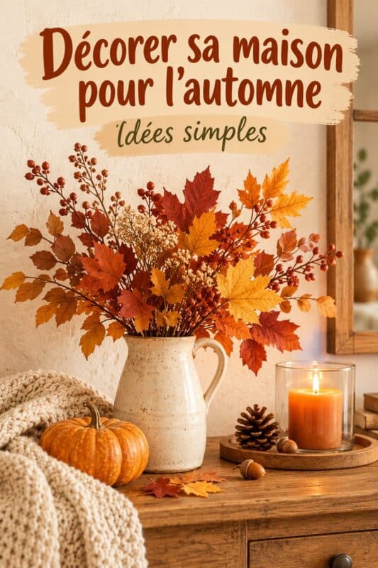 Un intérieur chaleureux décoré pour l'automne avec des couleurs chaudes et des éléments naturels.