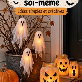 Décorations Halloween DIY réalisées en famille avec des enfants, citrouilles peintes et fantômes en papier