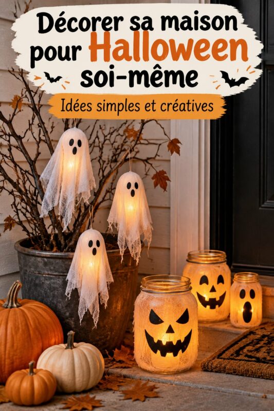Décorations Halloween DIY réalisées en famille avec des enfants, citrouilles peintes et fantômes en papier
