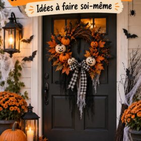 Décoration d'Halloween DIY sur une porte d'entrée avec un potiron et des toiles d'araignées.