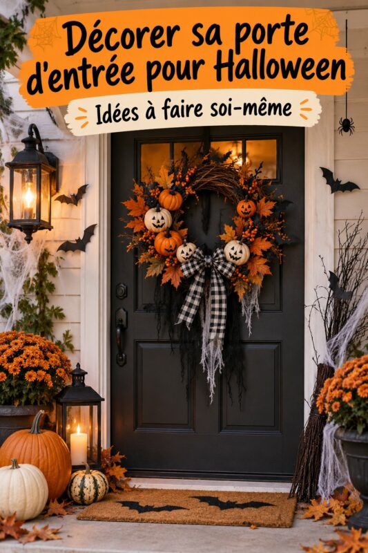 Décoration d'Halloween DIY sur une porte d'entrée avec un potiron et des toiles d'araignées.