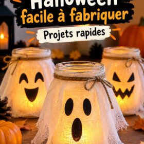 Une table décorée pour Halloween avec des citrouilles et des décorations colorées
