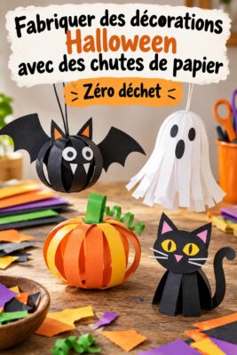 Décorations d'Halloween colorées fabriquées avec des chutes de papier.