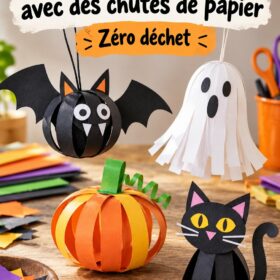 Décorations d'Halloween colorées fabriquées avec des chutes de papier.