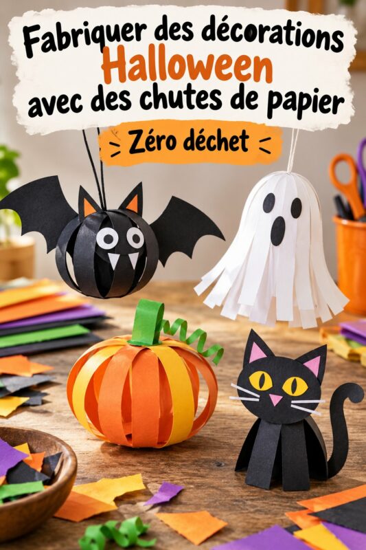 Décorations d'Halloween colorées fabriquées avec des chutes de papier.