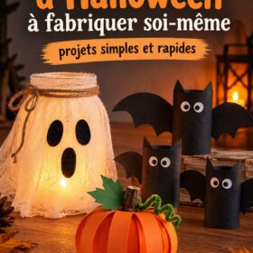 Un enfant souriant créant une décoration d'Halloween avec des matériaux recyclés.