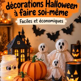 Un ensemble de décorations d'Halloween faites maison, avec des citrouilles et des guirlandes colorées.