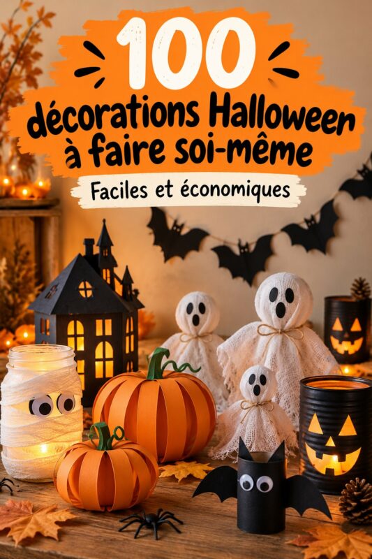 Un ensemble de décorations d'Halloween faites maison, avec des citrouilles et des guirlandes colorées.