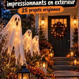 Jardin decoré pour Halloween avec des citrouilles et des fantômes en papier.