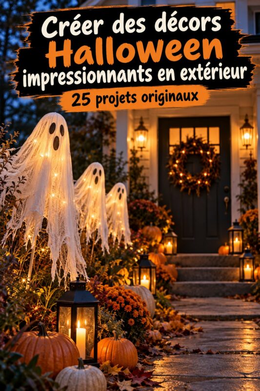 Jardin decoré pour Halloween avec des citrouilles et des fantômes en papier.