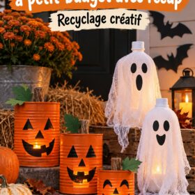 Une belle table décorée pour Halloween avec des éléments récupérés.