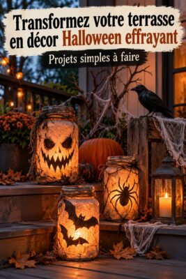 Une terrasse décorée pour Halloween avec des lanternes et des toiles d'araignées, créant une ambiance mystérieuse.