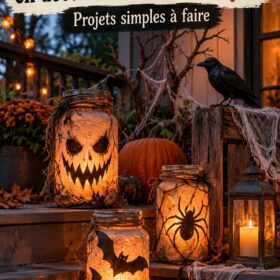 Une terrasse décorée pour Halloween avec des lanternes et des toiles d'araignées, créant une ambiance mystérieuse.