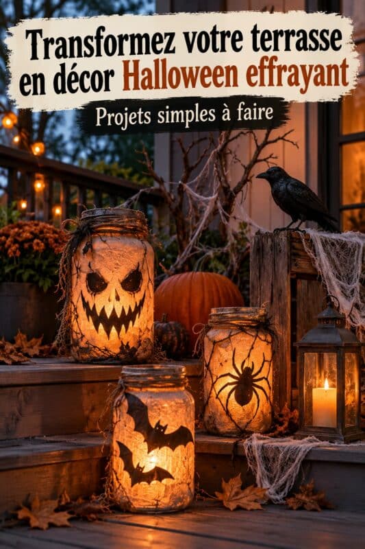 Une terrasse décorée pour Halloween avec des lanternes et des toiles d'araignées, créant une ambiance mystérieuse.