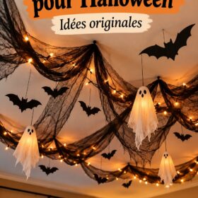 Plafond décoré pour Halloween avec des toiles d'araignée et des lumières