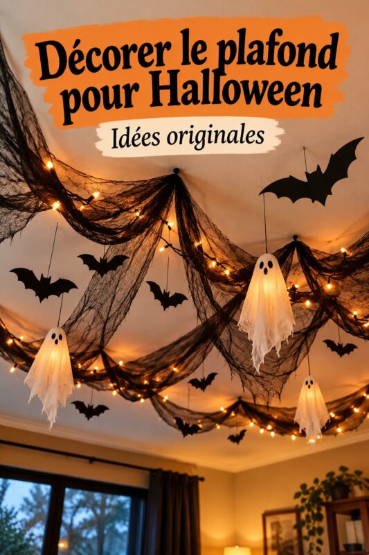 Plafond décoré pour Halloween avec des toiles d'araignée et des lumières
