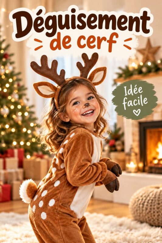 Un enfant souriant portant un déguisement de cerf avec des oreilles en feutrine.
