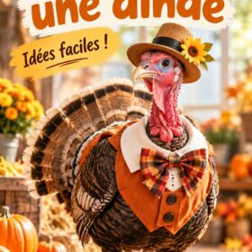 Une dinde décorée et déguisée pour un repas de fête avec des enfants heureux en arrière-plan.