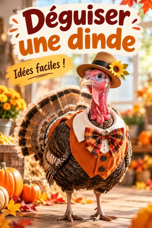 Une dinde décorée et déguisée pour un repas de fête avec des enfants heureux en arrière-plan.