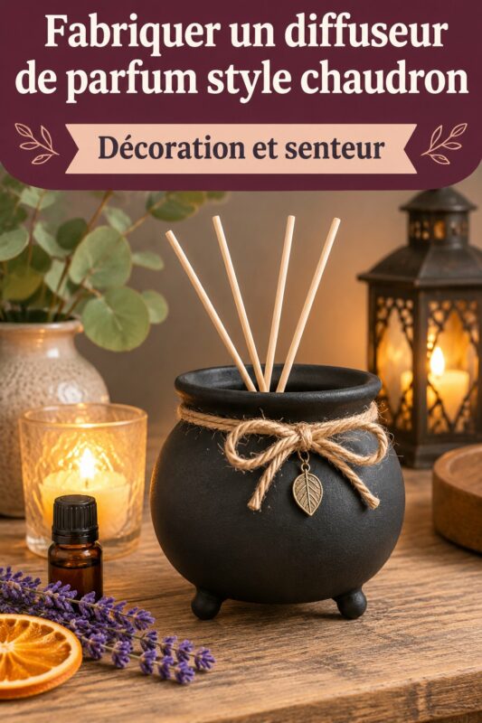 Un diffuseur de parfum en forme de chaudron, rempli d'huiles essentielles colorées sur une table en bois.