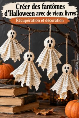 Fantôme en papier découpé dans un vieux livre pour la déco d'Halloween