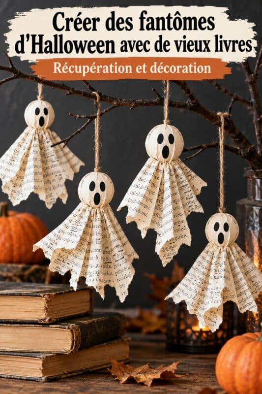 Fantôme en papier découpé dans un vieux livre pour la déco d'Halloween