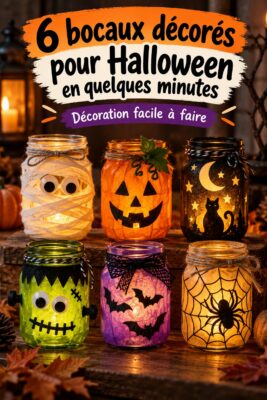 Bocaux en verre décorés pour Halloween avec des illustratons festives et des accessoires colorés