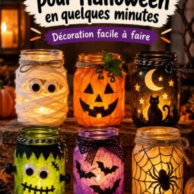 Bocaux en verre décorés pour Halloween avec des illustratons festives et des accessoires colorés