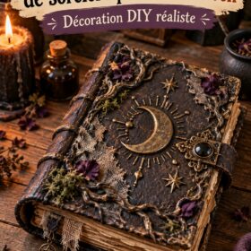 Un grimoire de sorcière fait maison entouré de décorations d'Halloween