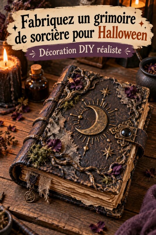 Un grimoire de sorcière fait maison entouré de décorations d'Halloween