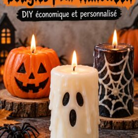 Des bougies faites maison pour Halloween, décorées de motifs effrayants et colorés.